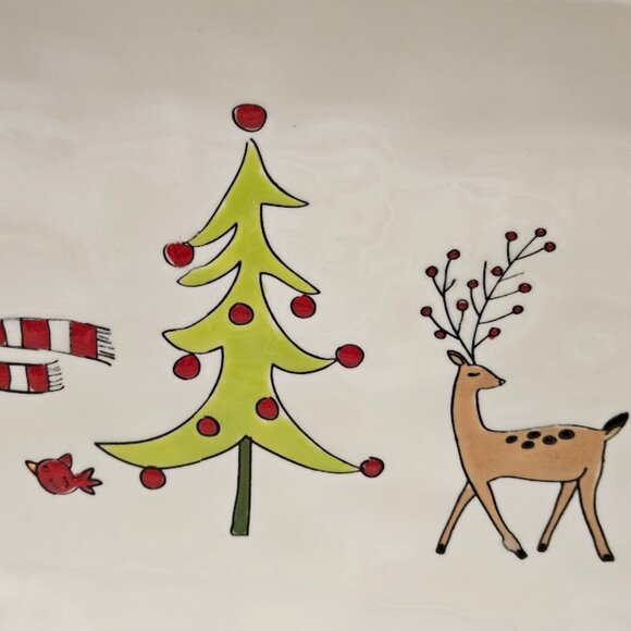 LANG Ceramic Rectangular Whimsy Winter Platter Hand Painted Christmas Snowman - Picture 3 of 11